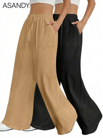 2pcs/Set Loose Fit Wide Leg Pants, Drawstring Waist Plain Color Casual Trousers - Image 15