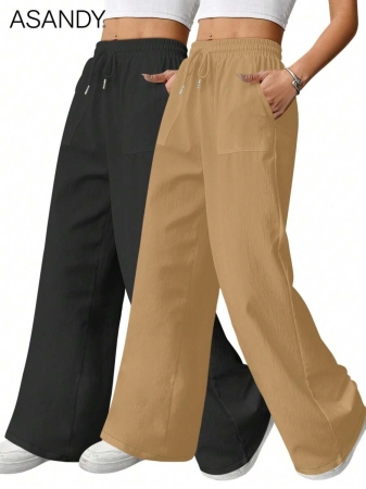 2pcs/Set Loose Fit Wide Leg Pants, Drawstring Waist Plain Color Casual Trousers - Image 16