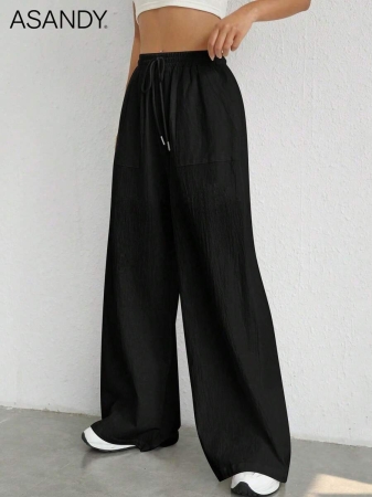 2pcs/Set Loose Fit Wide Leg Pants, Drawstring Waist Plain Color Casual Trousers - Image 18