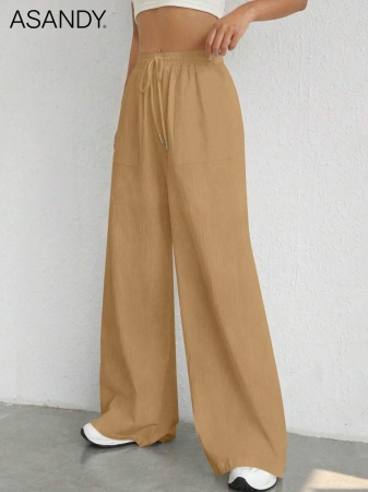 2pcs/Set Loose Fit Wide Leg Pants, Drawstring Waist Plain Color Casual Trousers - Image 19