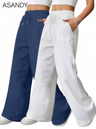 2pcs/Set Loose Fit Wide Leg Pants, Drawstring Waist Plain Color Casual Trousers - Image 24
