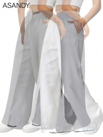 2pcs/Set Loose Fit Wide Leg Pants, Drawstring Waist Plain Color Casual Trousers - Image 33