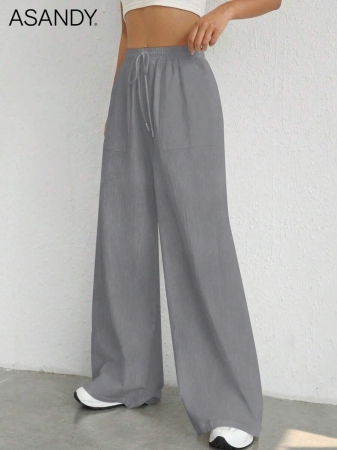 2pcs/Set Loose Fit Wide Leg Pants, Drawstring Waist Plain Color Casual Trousers - Image 35