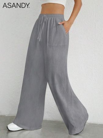 2pcs/Set Loose Fit Wide Leg Pants, Drawstring Waist Plain Color Casual Trousers - Image 37