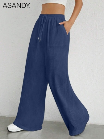 2pcs/Set Loose Fit Wide Leg Pants, Drawstring Waist Plain Color Casual Trousers - Image 41