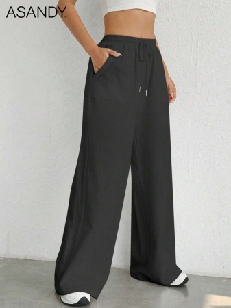 2pcs/Set Loose Fit Wide Leg Pants, Drawstring Waist Plain Color Casual Trousers - Image 42