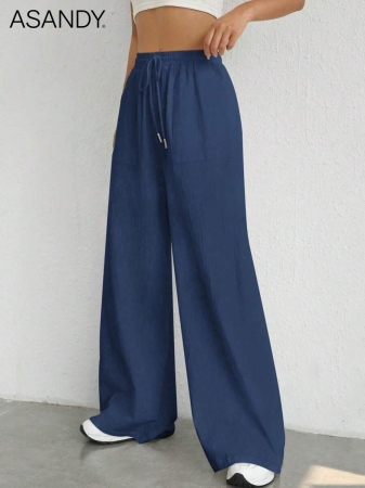 2pcs/Set Loose Fit Wide Leg Pants, Drawstring Waist Plain Color Casual Trousers - Image 43