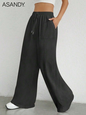 2pcs/Set Loose Fit Wide Leg Pants, Drawstring Waist Plain Color Casual Trousers - Image 44
