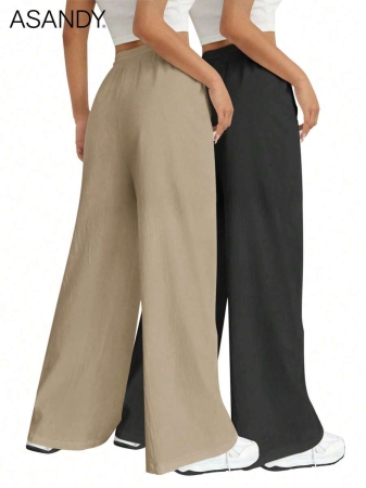 2pcs/Set Loose Fit Wide Leg Pants, Drawstring Waist Plain Color Casual Trousers - Image 46