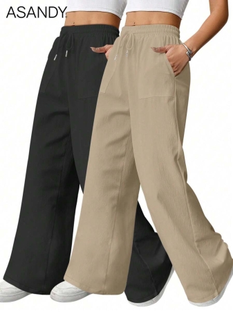 2pcs/Set Loose Fit Wide Leg Pants, Drawstring Waist Plain Color Casual Trousers - Image 47