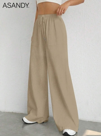 2pcs/Set Loose Fit Wide Leg Pants, Drawstring Waist Plain Color Casual Trousers - Image 49