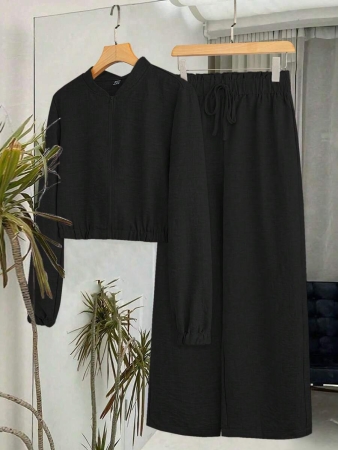 SHEIN LUNE Women's Solid Color Long Sleeve Zip-Up Jacket And Pants Casual Suit Fall Cloth For Women - Image 2