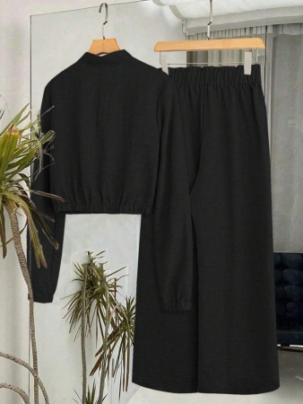 SHEIN LUNE Women's Solid Color Long Sleeve Zip-Up Jacket And Pants Casual Suit Fall Cloth For Women - Image 3