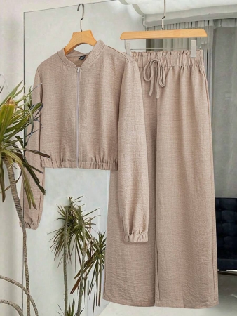 SHEIN LUNE Women's Solid Color Long Sleeve Zip-Up Jacket And Pants Casual Suit Fall Cloth For Women - Image 7