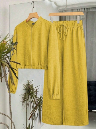 SHEIN LUNE Women's Solid Color Long Sleeve Zip-Up Jacket And Pants Casual Suit Fall Cloth For Women - Image 17