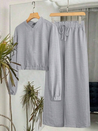 SHEIN LUNE Women's Solid Color Long Sleeve Zip-Up Jacket And Pants Casual Suit Fall Cloth For Women - Image 22