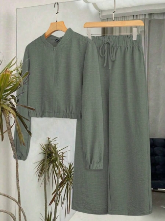 SHEIN LUNE Women's Solid Color Long Sleeve Zip-Up Jacket And Pants Casual Suit Fall Cloth For Women - Image 27