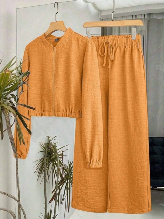 SHEIN LUNE Women's Solid Color Long Sleeve Zip-Up Jacket And Pants Casual Suit Fall Cloth For Women - Image 32