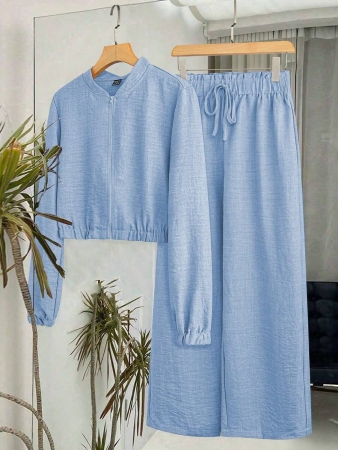 SHEIN LUNE Women's Solid Color Long Sleeve Zip-Up Jacket And Pants Casual Suit Fall Cloth For Women - Image 37