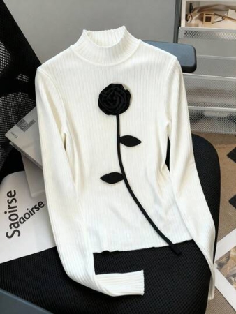 GlowEve Women's Solid White Stand Collar Long Sleeve Knit T-Shirt With 3D Black Floral Decor, Suitable For Parties, Holidays, Christmas, Halloween, Vacation, Dates