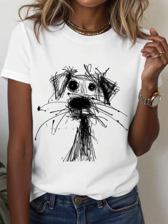 INAWLY Women's Casual Round Neck Puppy Doodle Print Short Sleeve T-Shirt, Versatile For Summer