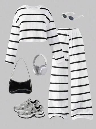 Women's Casual Loose Drop Shoulder Round Neck T-Shirt Paired With Fuzzy Ribbed Ribbed Drawstring Wide Leg Pants 2-Piece Set, Suitable For Daily Outings