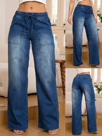 Women's Fashion Versatile Drawstring Waist Wide Leg Straight Jeans With Back Pockets - Image 2