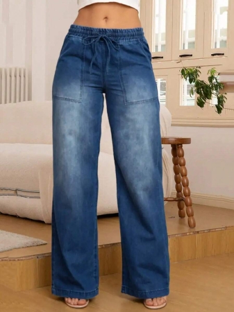 Women's Fashion Versatile Drawstring Waist Wide Leg Straight Jeans With Back Pockets - Image 3