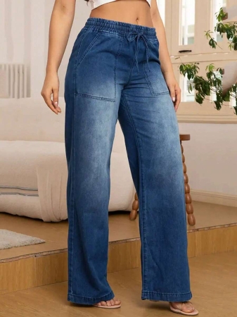 Women's Fashion Versatile Drawstring Waist Wide Leg Straight Jeans With Back Pockets - Image 4