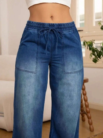 Women's Fashion Versatile Drawstring Waist Wide Leg Straight Jeans With Back Pockets - Image 6