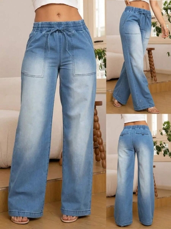 Women's Fashion Versatile Drawstring Waist Wide Leg Straight Jeans With Back Pockets - Image 7