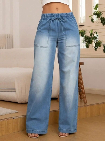 Women's Fashion Versatile Drawstring Waist Wide Leg Straight Jeans With Back Pockets - Image 8