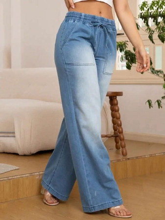 Women's Fashion Versatile Drawstring Waist Wide Leg Straight Jeans With Back Pockets - Image 9