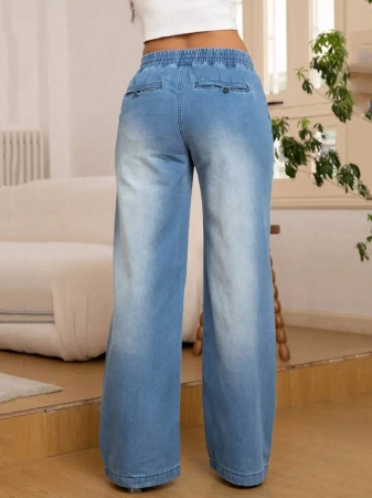 Women's Fashion Versatile Drawstring Waist Wide Leg Straight Jeans With Back Pockets - Image 10