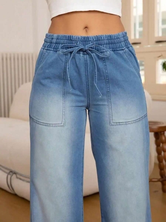 Women's Fashion Versatile Drawstring Waist Wide Leg Straight Jeans With Back Pockets - Image 11