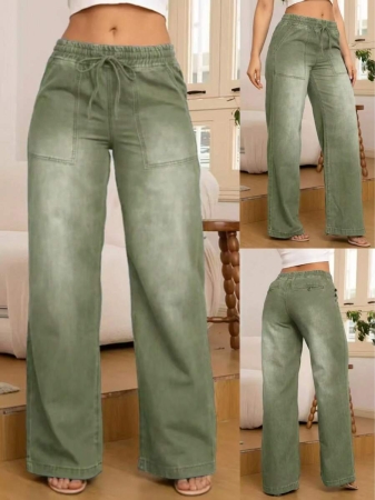 Women's Fashion Versatile Drawstring Waist Wide Leg Straight Jeans With Back Pockets - Image 12