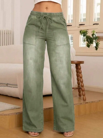 Women's Fashion Versatile Drawstring Waist Wide Leg Straight Jeans With Back Pockets - Image 13