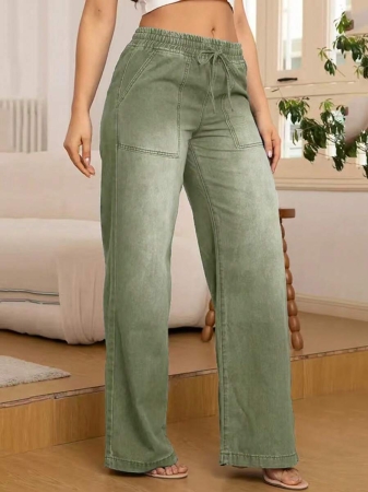 Women's Fashion Versatile Drawstring Waist Wide Leg Straight Jeans With Back Pockets - Image 14
