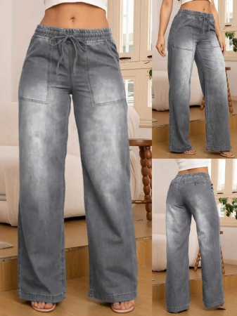 Women's Fashion Versatile Drawstring Waist Wide Leg Straight Jeans With Back Pockets - Image 17