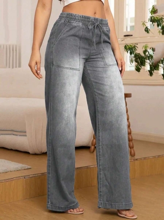 Women's Fashion Versatile Drawstring Waist Wide Leg Straight Jeans With Back Pockets - Image 19