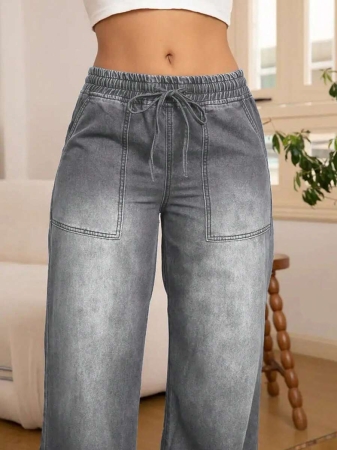 Women's Fashion Versatile Drawstring Waist Wide Leg Straight Jeans With Back Pockets - Image 21