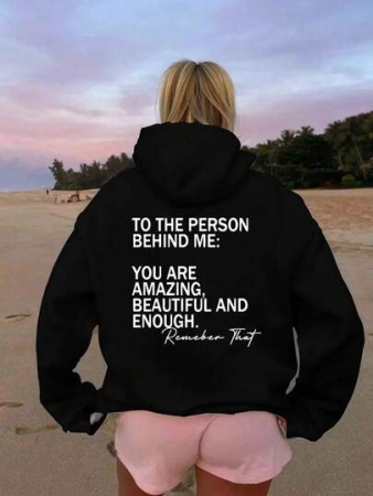 Women's Empowering Back Print Hoodie With "You Are Beautiful Enough And Amazing" Self-Love Message - Black And White Positive Affirmation Sweatshirt, Pocket Casual Winter Warm Pullover, Enhance Confidence Outfit, Clothes, Women's Clothing, Women's Winter Clothing, Women's Fun Hoodie, Women's Sweatshirt, Women's Plus Size Hoodie, Women's Autumn Clothing, Sweater, Women's Autumn Clothing, Women's Sweatshirt And Hoodie, Plus Size Women's Clothing, Fashion Clothing, Autumn Women's Clothing, Cute Clothes, Tops, Father's Day Gift, Mental Health Hoodie, Women's Sweater, Hoodie With Slogan, Women's Sweatshirt - White And Navy Off-The-Shoulder Cropped Top