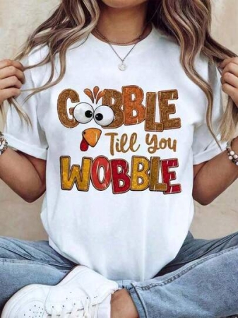 100% Cotton Thanksgiving Graphic Women-Shirt Gobble Till You Wobble Thanksgiving Autumn Turkey Thankful-Shirt 2025% Comfortable Cotton Plus Size Top