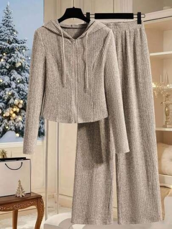 Franclia Women's Solid Color Hooded Long Sleeve Top And Pants 2 Pieces Set, Christmas