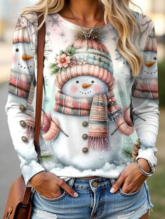EMERY ROSE Women's Christmas Snowman Print Long Sleeve T-Shirt