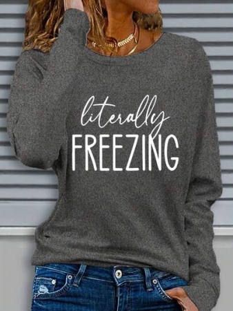 Comfortable 'Literally Cool' Letter Print Long Sleeve T-Shirt - Round Neck, Women's Casual Autumn/Winter Top, Machine Washable, White With Black Text Design, Cute Long Sleeve Top 2025