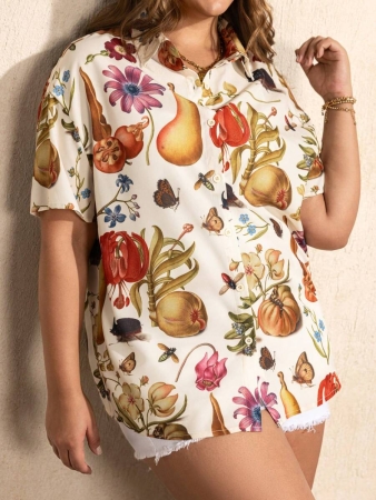 SHEIN Touch of Art Plus Size Plant Pattern Front Button Casual Short Sleeve Shirt For Summer - Image 2