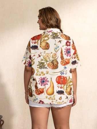 SHEIN Touch of Art Plus Size Plant Pattern Front Button Casual Short Sleeve Shirt For Summer - Image 3
