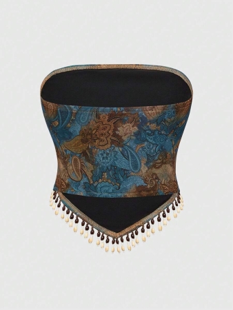 ROMWE Hippie Summer Retro Hippie Western Cowgirl Paisley Print Bohemian Fringed Hem Transparent Bead Upper Plus Size Women's Tube Top - Image 3