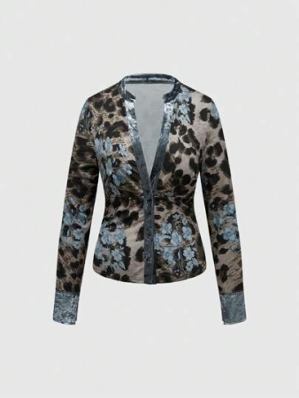 ROMWE Fairycore Vintage Floral & Leopard Print Blue Tone Blouse For Women